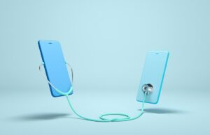 Os médicos acham que a IA tem um lugar na saúde – mas talvez não como um chatbot Concept design Online Doctor. Two Phones using stethoscope and checks health. Online medical clinic communication with patient. Minimal health concept. Flat lay. 3d illustration isometric.