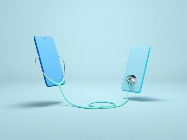 Concept design Online Doctor. Two Phones using stethoscope and checks health. Online medical clinic communication with patient. Minimal health concept. Flat lay. 3d illustration isometric.