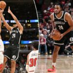 O armador do Brooklyn Nets, Cam Thomas (24), chuta contra o atacante do Chicago Bulls, Isaac Okoro (35), durante o segundo tempo no United Center.
