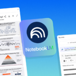 Uma mesa com laptop e outros itens de escritório, com o logotipo NotebookLM no centro.