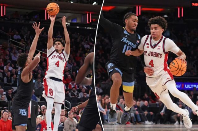 O guarda do St. John's Red Storm, Oziyah Sellers # 4, dá um chute no segundo tempo.