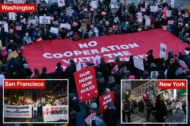 Paralisação nacional atrai milhares de pessoas às ruas no aniversário da posse de Trump
