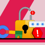 Logotipo do Proton Pass cercado por chaves digitais coloridas e símbolos de senha, e o Google Password Manager riscado.