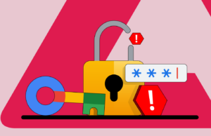 Pare de usar o Gerenciador de senhas do Google para salvar suas credenciais Logotipo do Proton Pass cercado por chaves digitais coloridas e símbolos de senha, e o Google Password Manager riscado.