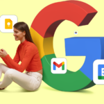 Mulher sorridente usando um smartphone em frente a um ícone do Google Agenda, cercado por uma paleta de cores, um sino de notificação desativado e um rótulo