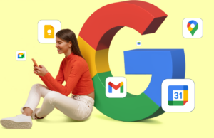 Parei de fingir que aplicativos de terceiros são sempre melhores que os aplicativos padrão do Google Mulher sorridente usando um smartphone em frente a um ícone do Google Agenda, cercado por uma paleta de cores, um sino de notificação desativado e um rótulo