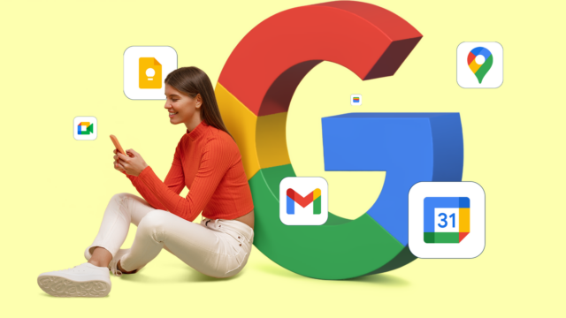 Mulher sorridente usando um smartphone em frente a um ícone do Google Agenda, cercado por uma paleta de cores, um sino de notificação desativado e um rótulo 