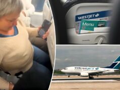Passageiro enfurecido da WestJet mostra assentos de lata de sardinha em novos aviões: ‘Você tem que pagar pela outra perna’ Mulher de cabelos grisalhos em assento apertado.