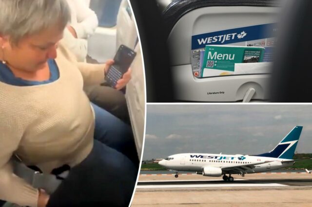 Passageiro enfurecido da WestJet mostra assentos de lata de sardinha Mulher de cabelos grisalhos em assento apertado.