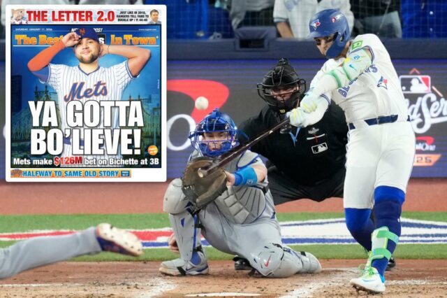 O rebatedor designado do Toronto Blue Jays, Bo Bichette, faz um home run de três corridas contra o Los Angeles Dodgers.