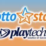 A Playtech expande seus produtos para a África do Sul com a LottoStar. Logotipos LottoStar e Playtech sobre fundo azul e laranja