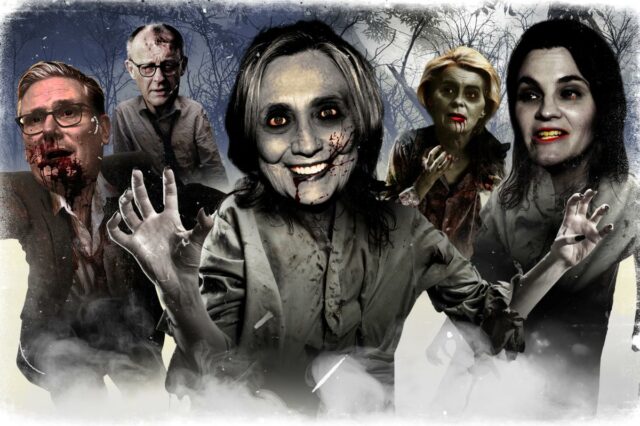 Polêmicos e autoridades semelhantes a zumbis querem comer seu cérebro Nancy Faeser, Secretária do Interior/AG, segurando uma placa que diz