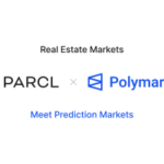Fundo branco com 'Mercados Imobiliários' escrito na parte superior central, seguido pelo logotipo da Parcl e depois pelo logotipo da Polymarket e abaixo dele diz 'Conheça os Mercados de Previsão' escrito em fonte azul. Polymarket lança mercados imobiliários e de previsão habitacional na plataforma