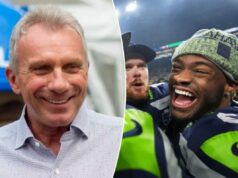 Por que Joe Montana está rindo até o banco após a vitória nos playoffs dos Seahawks Joe Montana sendo entrevistado no FanDuel Golf Classic.