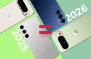 Por que comprar um telefone em 2026 é realmente óbvio Google Pixel 10 azul sobreposto a um ícone de calendário exibindo o ano de 2030.