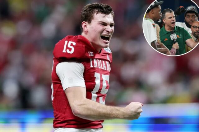 Fernando Mendoza comemora durante o jogo da semifinal do Indiana-Oregon College Football Playoff em 9 de janeiro de 2026. 