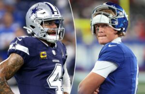 Previsão de Giants vs. Cowboys: escolhas, probabilidades e melhores apostas da Semana 18 da NFL Jaxson Dart # 6 do New York Giants procura o homem aberto durante o quarto período.