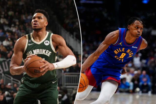 Previsão de Nuggets vs. Bucks: escolhas e probabilidades da NBA Giannis Antetokounmpo segurando uma bola de basquete, vestindo uma camisa verde do Milwaukee Bucks.