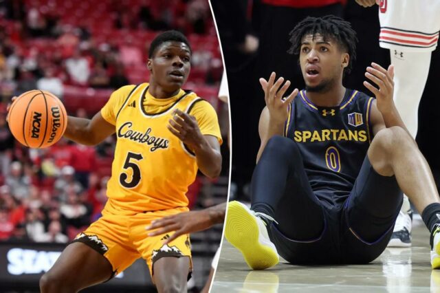 O guarda do Wyoming, Leland Walker (5), dribla a bola durante o segundo tempo em um jogo de basquete universitário da NCAA contra o Texas Tech.