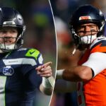 Jarrett Stidham # 8 do Denver Broncos se aquece antes do jogo do AFC Divisional Playoff no Empower Field At Mile High em 17 de janeiro de 2026 em Denver, Colorado.