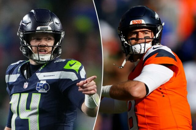 Previsões de Patriots x Broncos, Rams x Seahawks: escolhas da Jarrett Stidham # 8 do Denver Broncos se aquece antes do jogo do AFC Divisional Playoff no Empower Field At Mile High em 17 de janeiro de 2026 em Denver, Colorado.