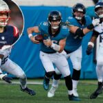 O quarterback do New England Patriots, Drake Maye (10) e o wide receiver Kayshon Boutte (9) saem do campo após um touchdown do Patriots.