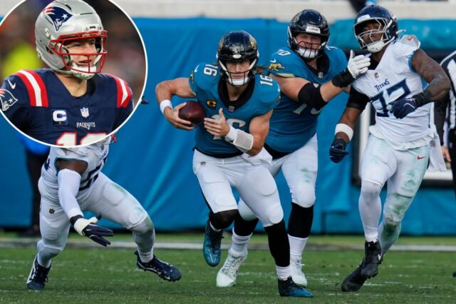 Previsões do NFL Wild Card Weekend, escolhas para domingo e O quarterback do New England Patriots, Drake Maye (10) e o wide receiver Kayshon Boutte (9) saem do campo após um touchdown do Patriots.