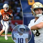 O quarterback do Texas Longhorns, Arch Manning (16), corre com a bola contra o Michigan Wolverines.