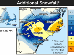 Quanta neve? Ciclone bomba na previsão de fim de semana na Costa Leste. Uma previsão do Serviço Meteorológico Nacional de 31 de janeiro mostra previsões de neve de até 30 centímetros na costa da Carolina do Norte.