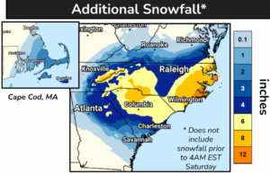 Quanta neve? Ciclone bomba na previsão de fim de semana na Costa Leste. Uma previsão do Serviço Meteorológico Nacional de 31 de janeiro mostra previsões de neve de até 30 centímetros na costa da Carolina do Norte.