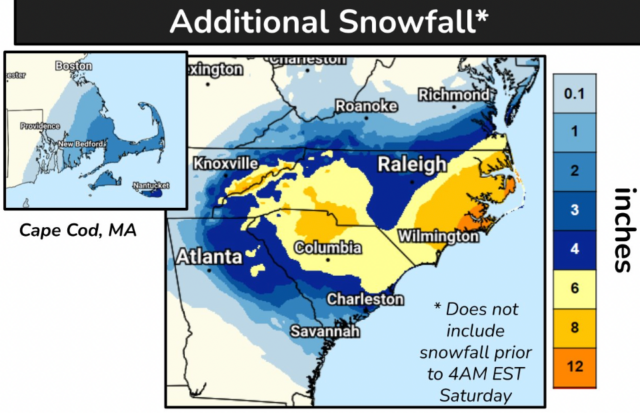 Quanta neve? Ciclone bomba na previsão de fim de semana Uma previsão do Serviço Meteorológico Nacional de 31 de janeiro mostra previsões de neve de até 30 centímetros na costa da Carolina do Norte.