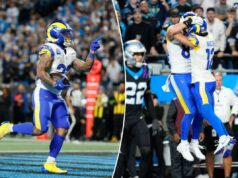 Rams superam os Panteras para vencer o thriller da rodada curinga da NFC O tight end do Los Angeles Rams, Colby Parkinson, centro-esquerdo, comemora sua recepção para touchdown com o wide receiver Puka Nacua (12) durante o segundo tempo de um jogo de playoff de wild card da NFL contra o Carolina Panthers, sábado, 10 de janeiro de 2026, em Charlotte, NC