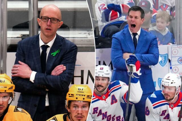 O técnico do New York Rangers, Mike Sullivan, grita instruções durante um jogo de hóquei.