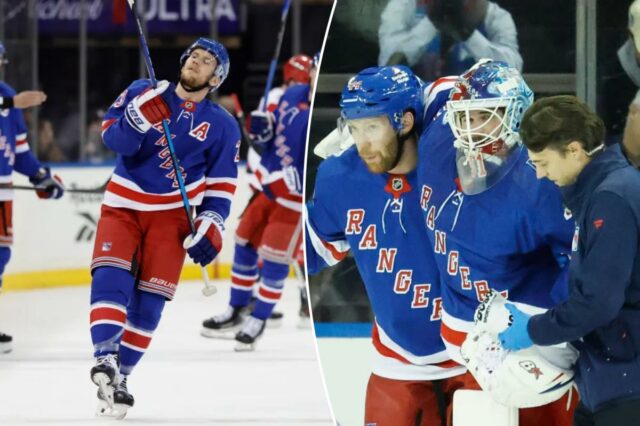 Rangers não esperam retorno 'iminente' da lesão de Igor Shesterkin O goleiro do New York Rangers, Igor Shesterkin, é ajudado a sair do gelo por um treinador e defensor do New York Rangers, Vladislav Gavrikov, após cair sobre a perna no primeiro período no Madison Square Garden em Manhattan, Nova York, segunda-feira, 5 de janeiro de 2026.