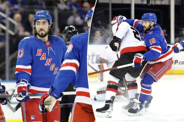 JT Miller e o centro do New York Rangers, Mika Zibanejad, reagem no gelo durante o segundo período no Madison Square Garden em Nova York, Nova York, segunda-feira, 14 de janeiro de 2026. 