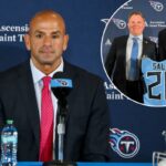 O técnico do Tennessee Titans, Robert Saleh, responde a perguntas durante uma coletiva de imprensa.