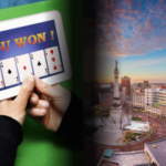 SGLA pressiona pela regulamentação de sorteios devido à proibição total em Indiana. Imagem dividida mostrando uma pessoa segurando um tablet exibindo um jogo de cartas online vencedor à esquerda, e o horizonte de Indianápolis com Monument Circle à direita, representando o debate sobre regulamentação de jogos de sorteio em Indiana.