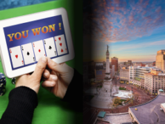 SGLA pressiona por regulamentação de sorteios sobre uma proibição total em Indiana SGLA pressiona pela regulamentação de sorteios devido à proibição total em Indiana. Imagem dividida mostrando uma pessoa segurando um tablet exibindo um jogo de cartas online vencedor à esquerda, e o horizonte de Indianápolis com Monument Circle à direita, representando o debate sobre regulamentação de jogos de sorteio em Indiana.