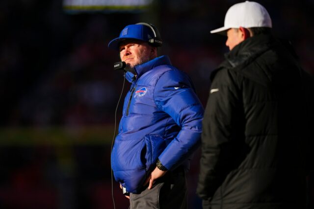 DENVER, CO - JANUARY 17: Buffalo Bills head coach Sean McDermott looks on from the sideline during an NFL divisional playoff football game against the Denver Broncos at Empower Field At Mile High on January 17, 2026 in Denver, Colorado. (Photo by Cooper Neill/Getty Images)