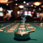 O Senado de Iowa arquiva projeto de lei para proibir o fumo em salas de jogos de cassino. Um cigarro aceso está em um cinzeiro sobre uma mesa de jogo de cassino, com caça-níqueis e jogadores desfocados ao fundo.