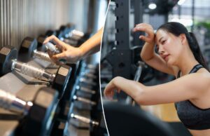 Suas unhas pós-treino ficam 10 vezes mais sujas do que um assento de vaso sanitário – 5 erros a evitar Desportista asiática exausta enxugando o suor da testa enquanto se apoia em uma barra em uma academia moderna.