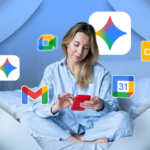 Ícones do Google Docs flutuando ao redor do logotipo da Gemini.