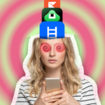 Uma lixeira vermelha na tela de um smartphone com ícones de aplicativos excluídos ao redor, incluindo YouTube, Instagram, Facebook, X e Amazon