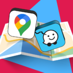 Uma rua vista de cima com o logotipo do Waze mostrando uma expressão morta.