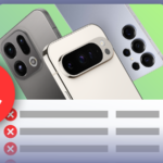 Dois smartphones cercados por categorias de especificações como ‘Câmera’ e ‘Processador’, marcadas com ícones ‘X’ vermelhos.