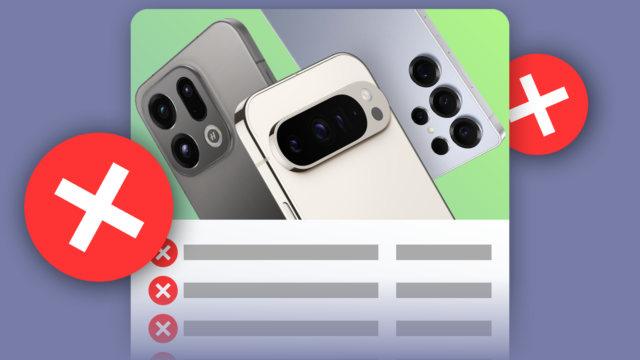 Dois smartphones cercados por categorias de especificações como ‘Câmera’ e ‘Processador’, marcadas com ícones ‘X’ vermelhos.