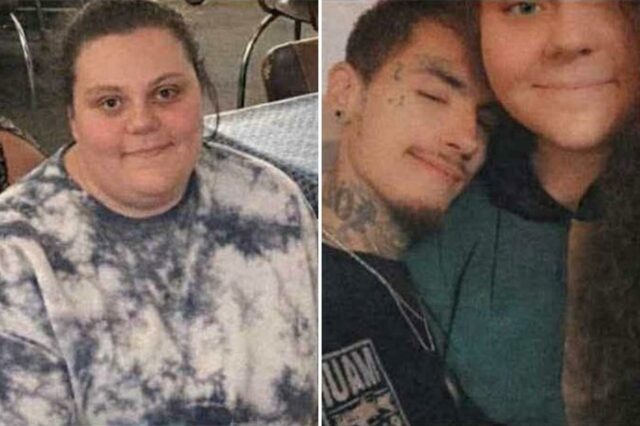 Hannah Laine Neville, uma mulher branca com cabelos castanhos e olhos verdes, usa uma camisa tie-dye azul e branca.