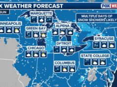 Temperaturas arrepiantes e possível mistura invernal chegarão a Nova York na quinta-feira Uma previsão do tempo de 7 dias para Nova York, mostrando temperaturas variando de 17 a 44 graus Fahrenheit com condições climáticas mistas, incluindo chuva, neve e vento.
