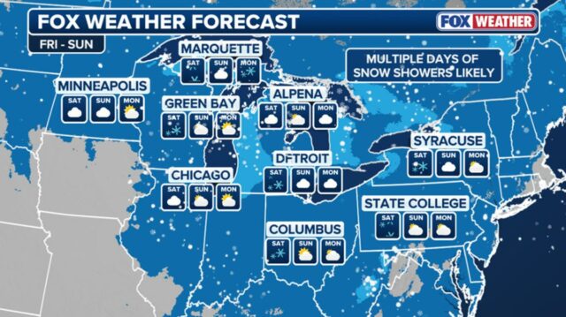 Uma previsão do tempo de 7 dias para Nova York, mostrando temperaturas variando de 17 a 44 graus Fahrenheit com condições climáticas mistas, incluindo chuva, neve e vento.