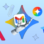 Uma mulher sentada em um sofá usando o telefone, cercada pelos logotipos do Gmail, Drive, Docs, YouTube e Gemini.